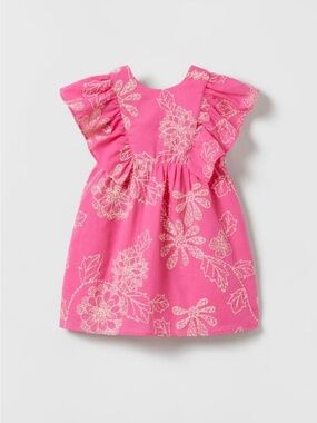 Zara Hot Pink Embroidered Flutter-Sleeve Dress. Size 5-6.